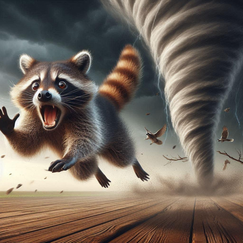 A raccoon fleeing from a tornado